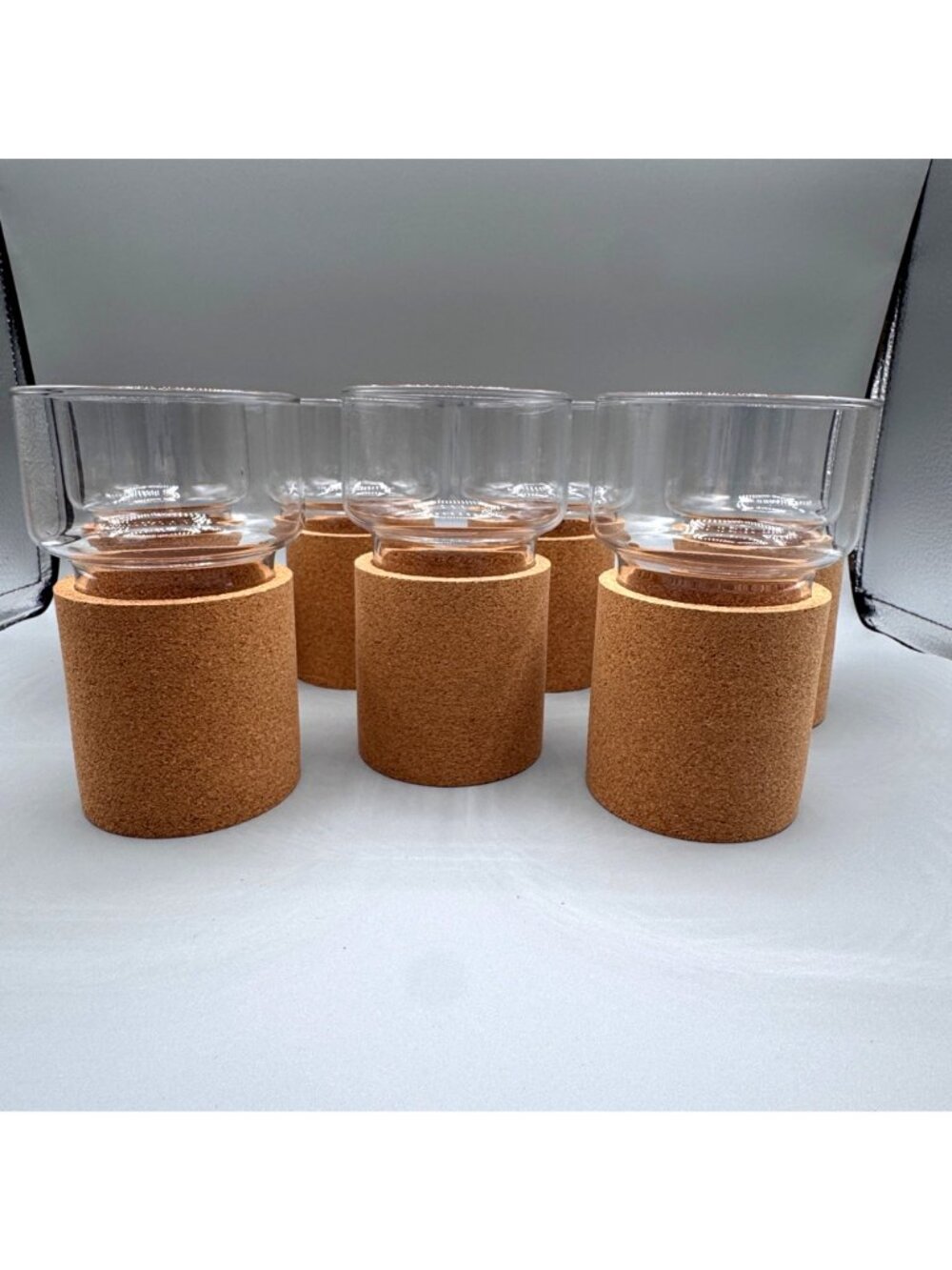 Vintage IKEA Tumbler Glass Cork Base Sleeve 10oz Stackable Set of 7 Portugal - Picture 2 of 16